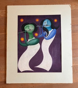 lot 367 image: Original Unframed Abbie Anderson Artwork of Two Musicians Playing Flutes