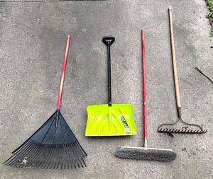 lot 377R image: Set of 4 Garden Tools Leaf Rake, Snow Shovel, Push Broom, and Garden Rake