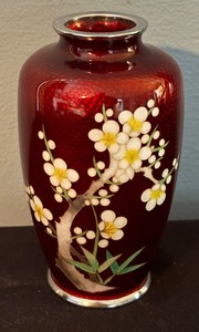 lot 395 image: Vintage Red Cloisonne Vase with Floral Design
