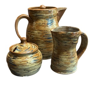 lot 451 image: Handmade Pottery Pot, Sugar Dish, and Creamer Pitcher Set