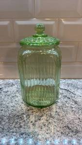 Vintage Green Depression Glass Ribbed Canister with Lid