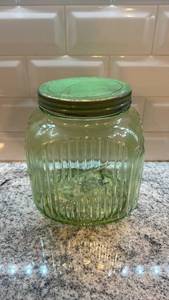Vintage Ribbed Vaseline Uranium Glass Canister Jar