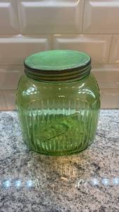 Vintage Ribbed Vaseline Uranium Glass Canister Jar