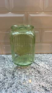 lot 8 image: Green Ribbed Vaseline Uranium Glass Jar No Lid
