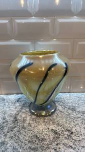 lot 9 image: Signed Art Glass Vase with Swirled Design, 7.5 x 7.5 Inches
