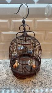 lot 25 image: Antique Decorative Asian Style Birdcage with Porcelain Cups, 12x8 in