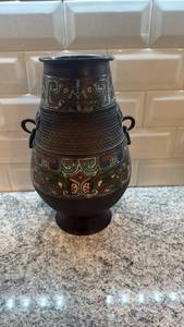 lot 26 image: Decorative Asian Bronze Vase with Enamel Cloisonne Style Design, 12 Inch