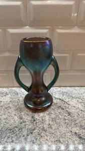 lot 29 image: Iridescent Art Glass Vase with Double Handles, 8in x 5in