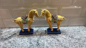 lot 30 image: Pair of Ceramic Horse Figurines with Crazing on Blue Bases