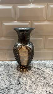 lot 66 image: Decorative Metal Vase with Mother of Pearl Inlay 8 x 4 Inches
