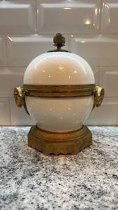 lot 67 image: Antique Ornate White Porcelain and Brass Lidded Trinket Box 7 x 8 Inches