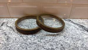 lot 79 image: Pair of 4.5 Inch Vintage Brass and Glass Stands with Ornate Pattern