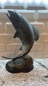 lot 99 image: Metal Fish Sculpture on Wood Base, 14.5 Inch Tall