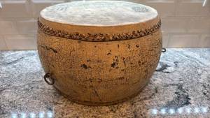 lot 105 image: Vintage Asian14-Inch Wood Drum with Hand-Stretched Hide and Asian Motifs