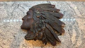 lot 109 image: 15x15 Plaster Native American Chief Wall Plaque with Feather Headdress