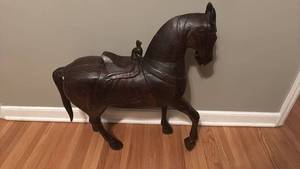lot 111 image: Large Hand-Carved Wooden Horse Sculpture with Saddle, 30.5 x 29 in