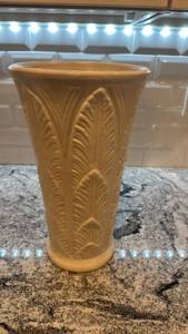 lot 118 image: White Ceramic Vase with Leaf Motif, 14.5 in x 8 in