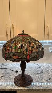 lot 120 image: Stained Glass Tiffany Style Dragonfly Table Lamp with Decorative Base, 23in x 17in