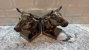 lot 135 image: Pair of Bronze Tone Bull Head Bookends 7.5 x 6 Inches