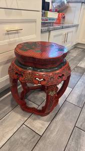 lot 153 image: Red Lacquered Asian-Style Garden Stool with Bird and Floral Motif, 19 x 17 in