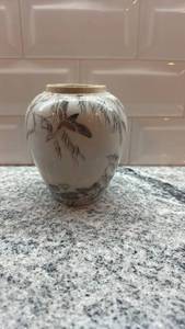 lot 182 image: Hand-Painted Porcelain Vase with Bird and Nature Motif 5 x 4 Inch
