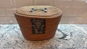 lot 184 image: Vintage Asian Tea Set with Teapot, 3 Cups, and Woven Basket Case