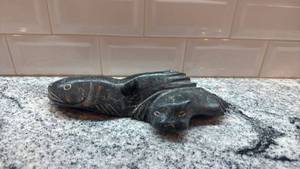 lot 186 image: Alex P. Signed Inuit Stone Carving of Two Seals 10 x 4 Inches