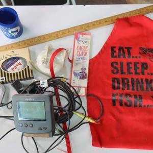lot 17 image: Eat Drink Sleep Fish - and other fishing gear including boat light and fish finder