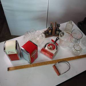 lot 50 image: Misc. glassware and two Coca Cola Napkin dispensers