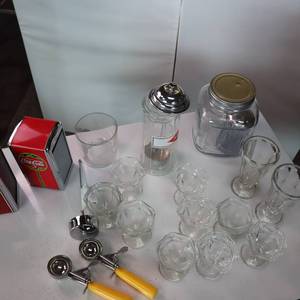 lot 53 image: Vintage Ice Cream Glasses and two Coca Cola Napkin dispensers