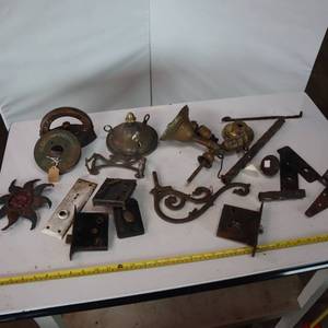 lot 127 image: Vintage Collection of ornate metal items and a very cool wooden handled iron