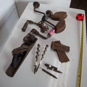 lot 168 image: Vintage Tools  hand drills, planers, wood bits, iron irons and steel wedges