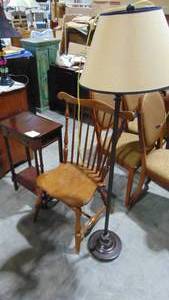 lot 5 image: Floor Lamp, Maple Chair and Mahogany Table with Drawer. (29 x 19.5 x 11)