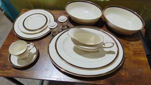 lot 15 image: Lenox Langdon Gate China Set. 12 Dinner Plates, 10 CS, 13 Salad Plates, 11 Bread and Butter Plates, 2 Oval Veg, Gravy, S&P and 2 Sized Platters