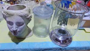 lot 47 image: Lady Head Planter, Glass Canister and Large Hurrican Candleholder