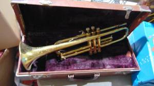 lot 62 image: Indiana Brass Trumpet with Case, Mother of Pearl Buttons Serial # 76982