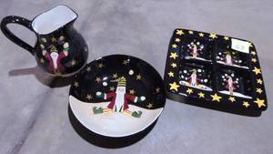 lot 63 image: 3 Pcs of Christmas Pottery, Pitcher, Bowl and Chip Plate