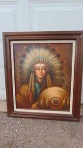 lot 74 image: Vintage Indian Head Oil Painting By Ceruantes 31.5 x 27