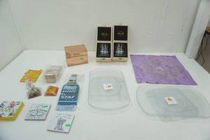 lot 51 image: Velvet Zodiac Tea Cloth, Glasses in Wood Box, and Decor