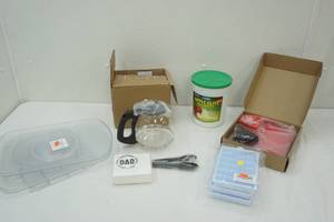 lot 102 image: Kitchen Supply Lot 12 cup coffee pot, silicone bakeware, 5lb electrolyte mix