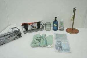 lot 104 image: Bathroom Lot shower shelf, paper towel holder