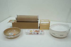 lot 133 image: Air Fryer Basket Liners, Ceramic PlatesBowls, Lemon Squeezer, Bamboo Condiment Holder