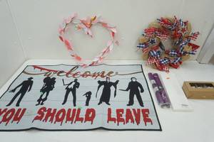 lot 136 image: Halloween Welcome Mat, Occasional Wreaths, Graduation Flags ad Figurines