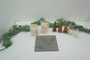 lot 169 image: Stone Garden Sign, Artificial Ivy, Glass Jars, Wooden Nose Letter Clips, Glass Lamp Shades
