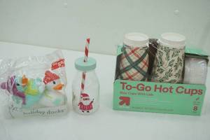 lot 228 image: Holiday Duckies, To-Go Hot Cups, Milk Bottle