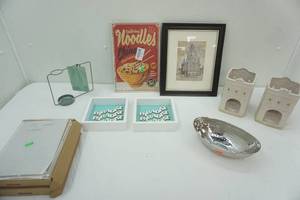 lot 245 image: Decor Lot Picture Frames, Silver Tones Bowl, Ceramic Tea Light Holders