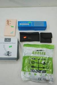 lot 335 image: Camera Lenses, Universal Pole Mount, 50 ft USB to C Cable, Germ Light, iPhone 14 Case