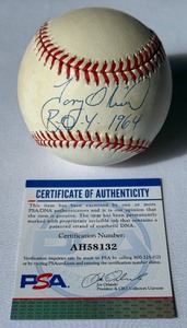 lot 24 image: Tony Oliva Signed and Inscribed R.O.Y. 1964 Baseball With PSA COA Rawlings OALB Budig Ball With Case