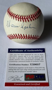 lot 27 image: Warren Spahn Signed Baseball With PSADNA COA Rawlings ONLB White Ball With Case
