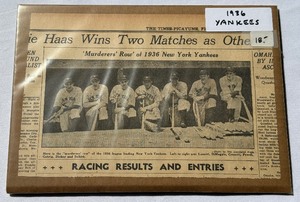 lot 84 image: 1936 New York Yankees Newspaper Article with Joe DiMaggio and Lou Gherig
